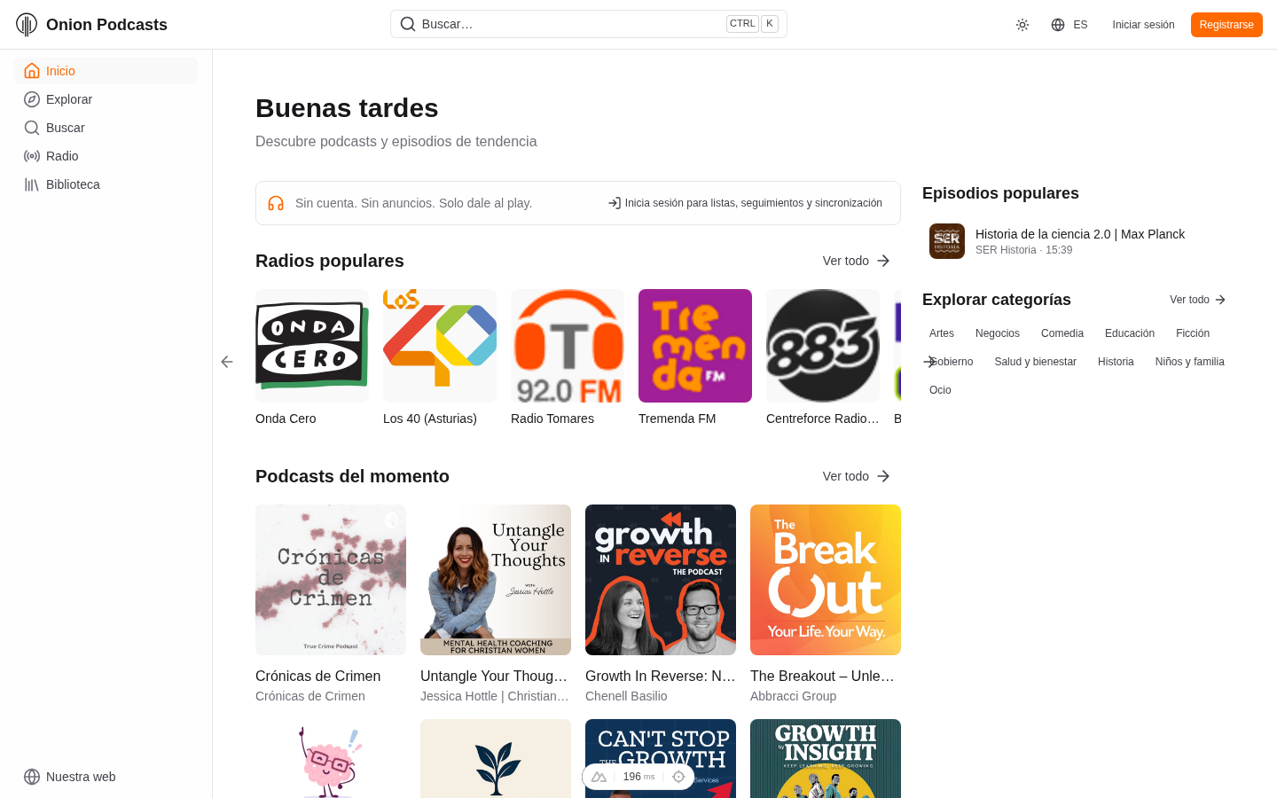 Onion Podcasts platform showing trending podcasts, radios, and categories